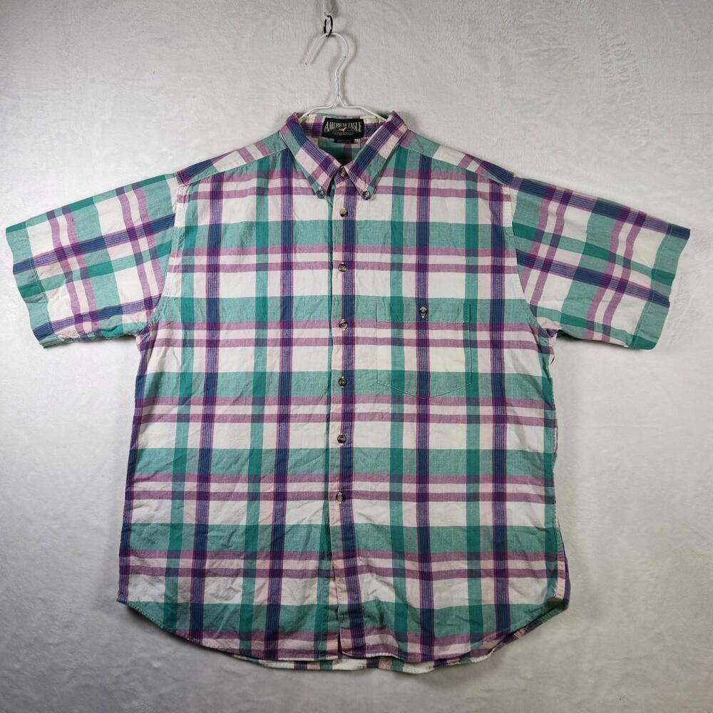 Vintage American Eagle Plaid Short Sleeve Button Up Shirt Size Large Casual Camp